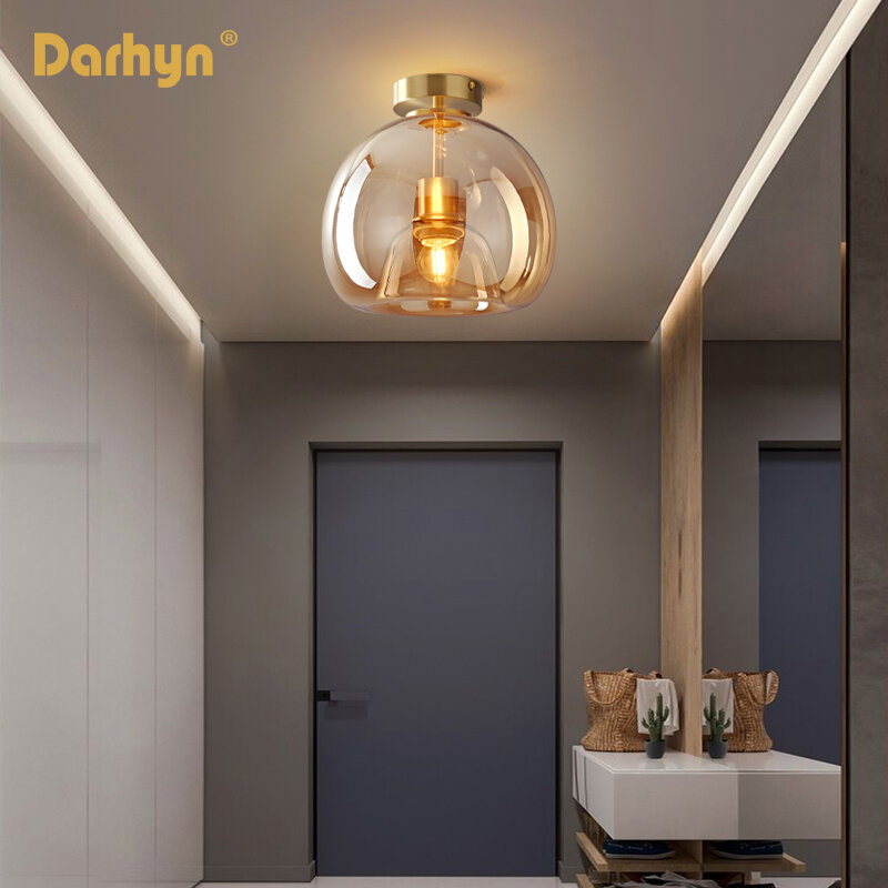 Lampu plafon kaca minimalis Modern, lampu LED tekstur Nordik, lampu ruang makan, lampu koridor, lampu ruang tamu kreatif E27
