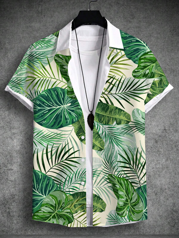남성용 열대 식물 그래픽 셔츠, 3D 프린트 패션 셔츠, 반팔 상의, 스트리트웨어, 느슨한 캐주얼 하와이 셔츠, 여름