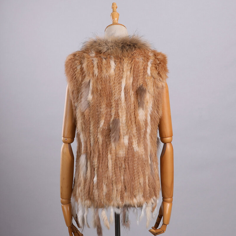 BOONJOVIA Women's 100% Real Rabbit Fur Knitted Vest Raccoon Fur Trim Collar Gilet Lady Fashion Waistcoat For Autumn Winter