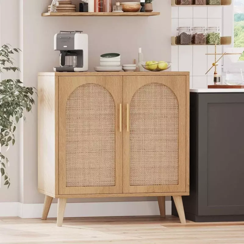 Rovaurx Rattan Storage Cabinet with Doors, Accent Bathroom Floor Cabinet, Modern Sideboard Buffet Cabinet for Living Room, Entry