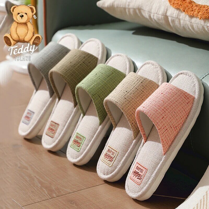 Women's Slippers Summer Indoor Household Slippers Linen PVC Thick Sole Couple Slippers Bedroom Non-Slip Shoes Sandals
