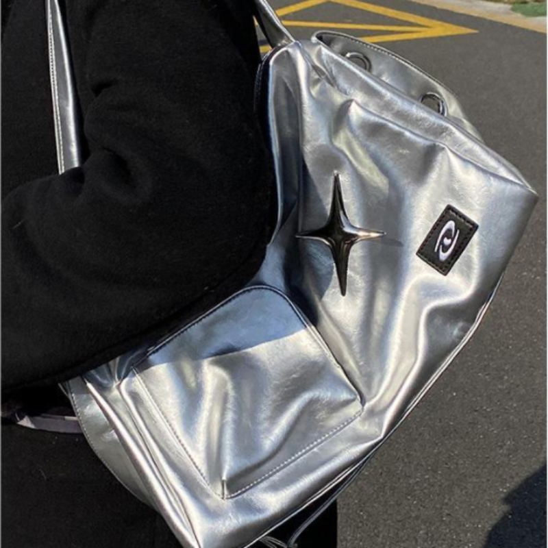 MBTI srebrny torby z bawełny dla kobiet Y2k estetyczny luksusowy projektant duża pojemność torba na ramię torba na zakupy ze skóry Pu