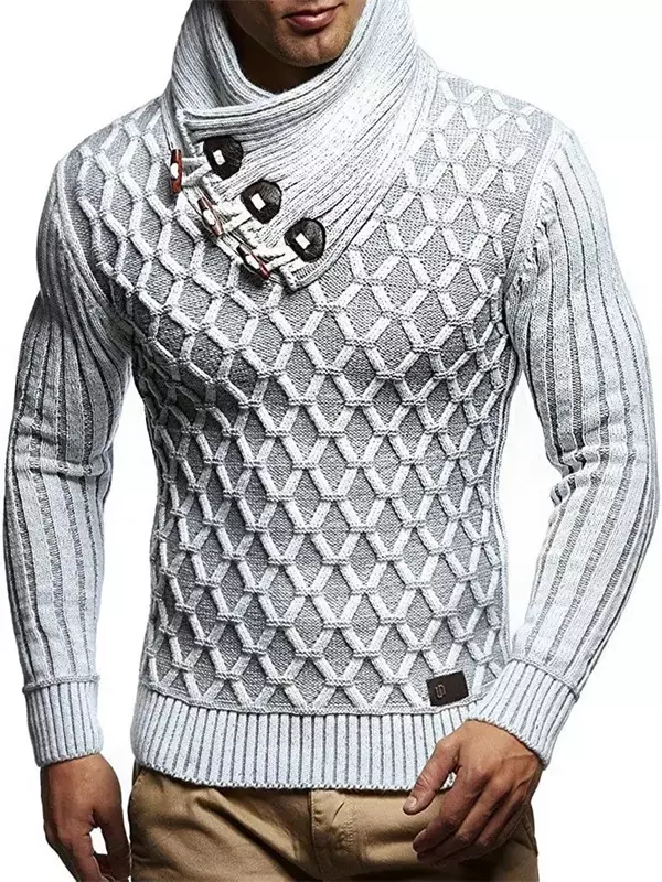 Suéter fino com gola alta masculino, nova moda, botão de couro, malha, pulôver, outono e inverno, 2023