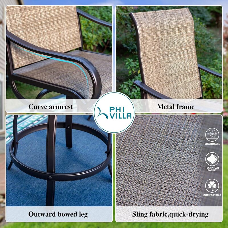 Cadeira giratória da altura do contador com mesa retangular metálica, tecido textileno, secagem rápida impermeável, pátio alto conjunto para jardim