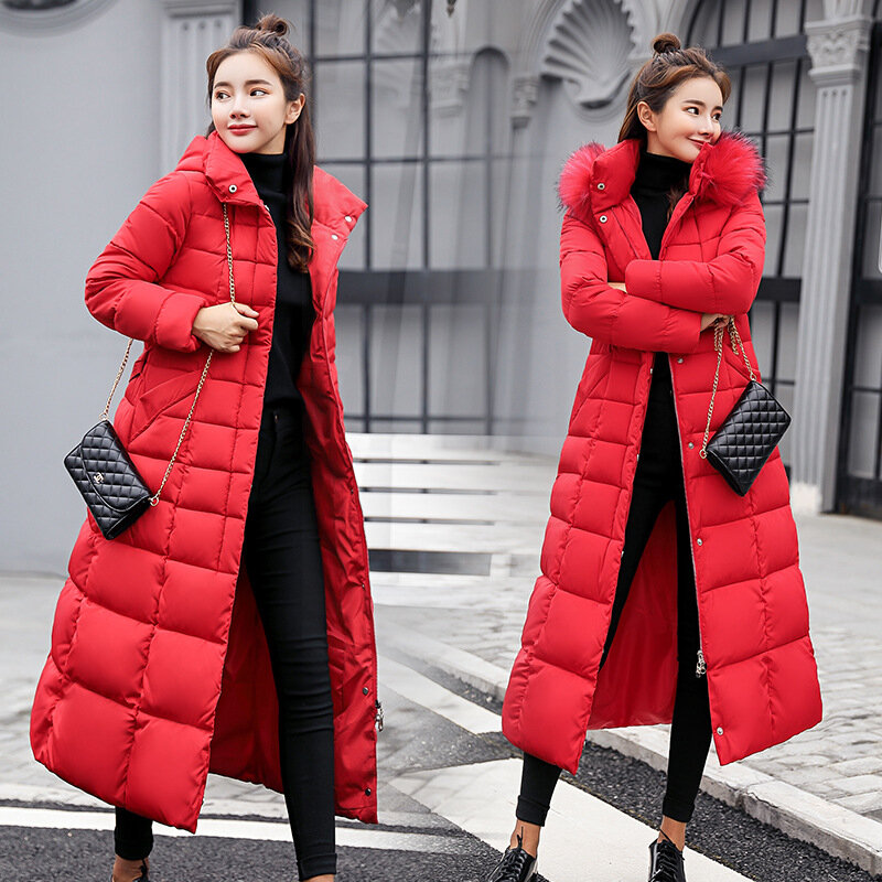 Зимняя куртка UHYTGF 2024, женские теплые парки, модное длинное пальто с воротником из лисьего меха и бантом на поясе, женское винтажное толстое пальто оверсайз 1050