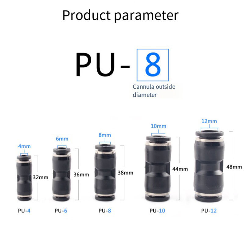 Junta de tornillo rápido neumática recta de Pu chapada en níquel de cobre, junta de manguera de enchufe rápido de acero inoxidable 304, Junta recta de plástico Pu