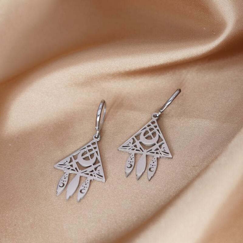 Boucles d'oreilles créoles triangle et lune en acier inoxydable pour femmes, bijoux fantaisie, argent, cadeau