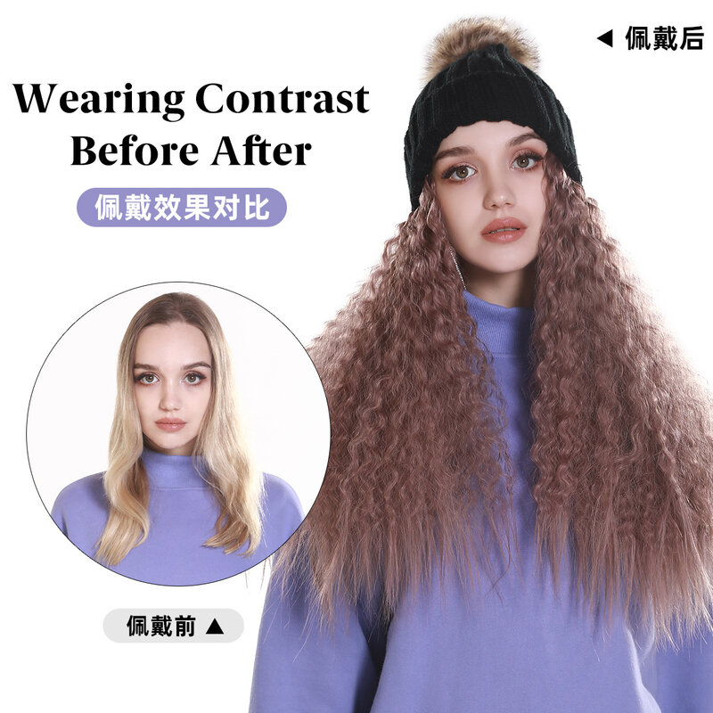 97cm Warm Soft Ski Knitted Winter Cap Wig with Synthetic Long Wavy Hair Extensions Adjustable Hat Wig Heat-resisting Fiber