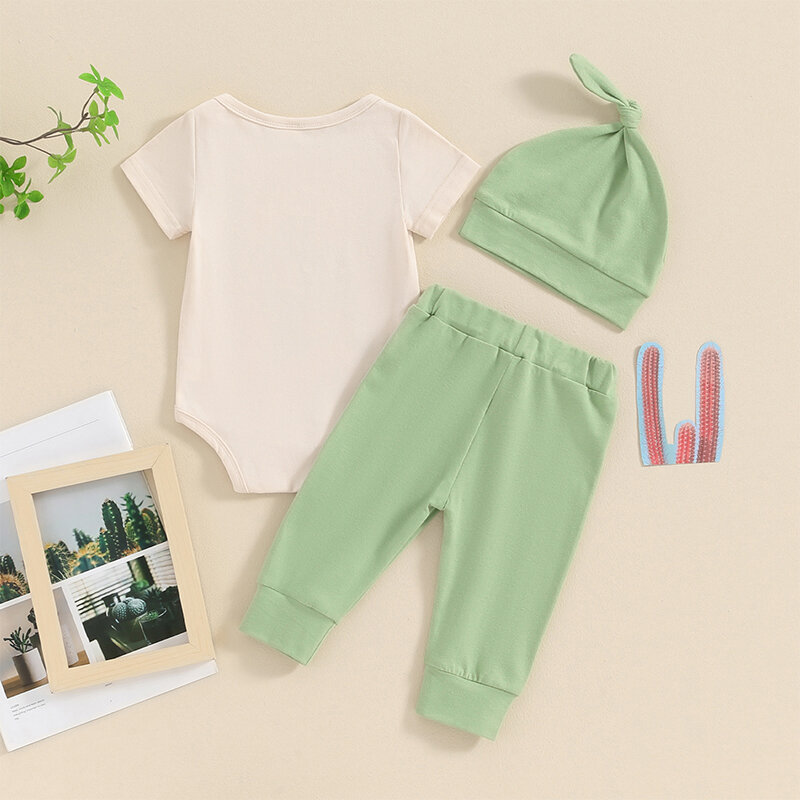 VISgogo Baby Boy Summer Outfit Letter Print Short Sleeves Romper and Casual Elastic Waist Pants Beanies Hat Set 3 Piece Clothes