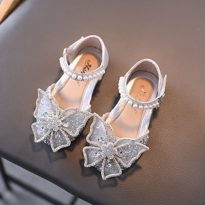 Летние сандалии для девочек, модные блестящие босоножки для принцесс с бантом для девочек, обувь для маленьких девочек, сандалии на плоской подошве, размеры 21-35