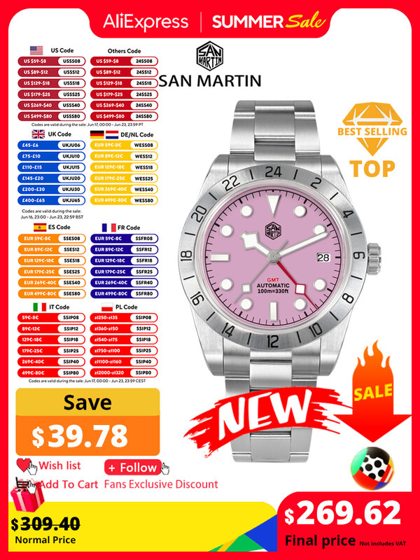 Часы San Martin Мужские механические, Классические роскошные деловые водонепроницаемые с автоматическим механическим сапфировым стеклом, с розовым циферблатом, NH34, 39 мм, SN0054