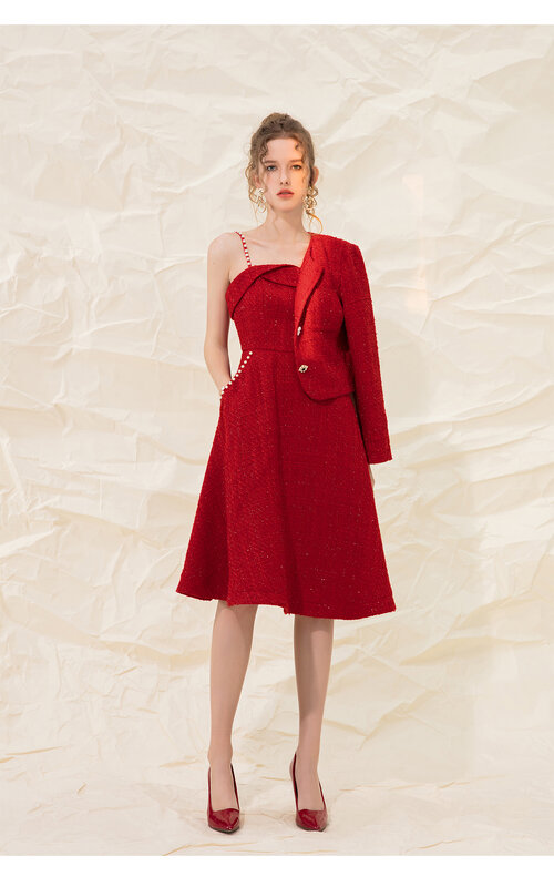 retro pearl sling tweed dress female New Year's red suit swing dress dress for wedding guest