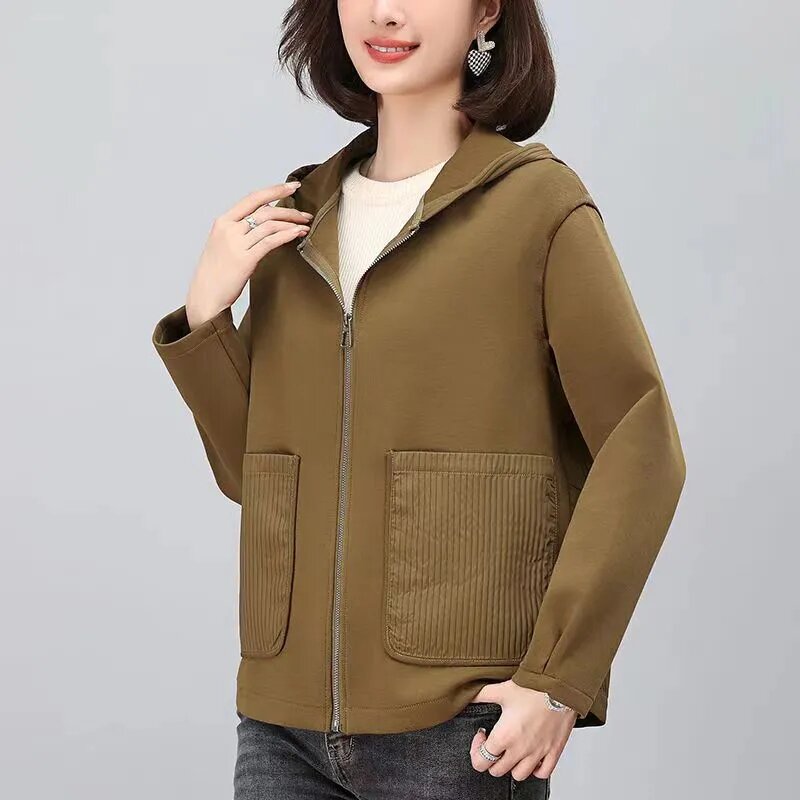 Spring Autumn Fashion Jacket Women Loose Hoodie Zipper Short Mother Coat 2024New Female Casual Windbreaker Outerwear Ladies Tops