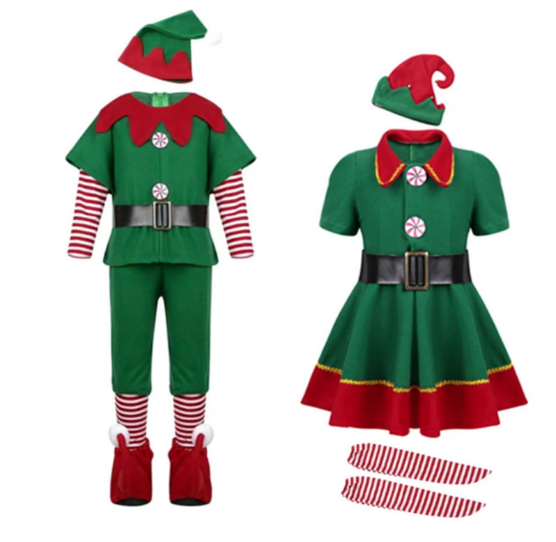 Kerst Santa Claus Kostuum Groene Elf Cosplay Familie Carnaval Feest Nieuwjaar Verkleedkleding Set Voor Mannen Vrouwen Meisjes Jongens