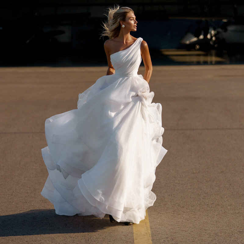 Vestidos De novia De una línea De un hombro, sin mangas, plisado, longitud hasta el suelo, bohemio, playa, talla personalizada