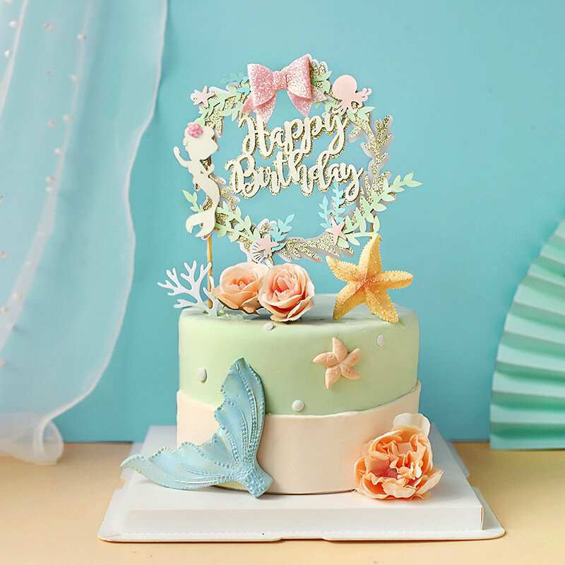 Topper de gâteau en forme de sirène et de couronne pour fille, décoration de dessert d'anniversaire, fournitures de fête pour la journée des enfants, beau cadeau, monde de l'océan