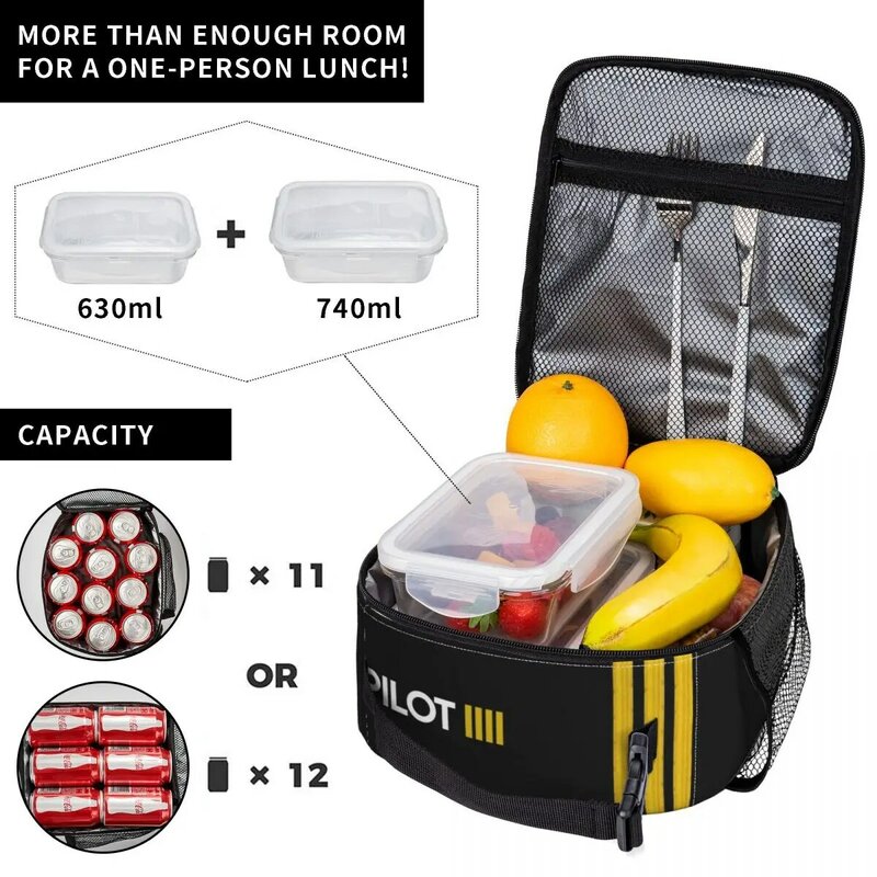 Pilot Captain Stripes Insulated Lunch Bags for Women Aviation Airplane Aviator Portable Thermal Cooler Food Lunch Box School