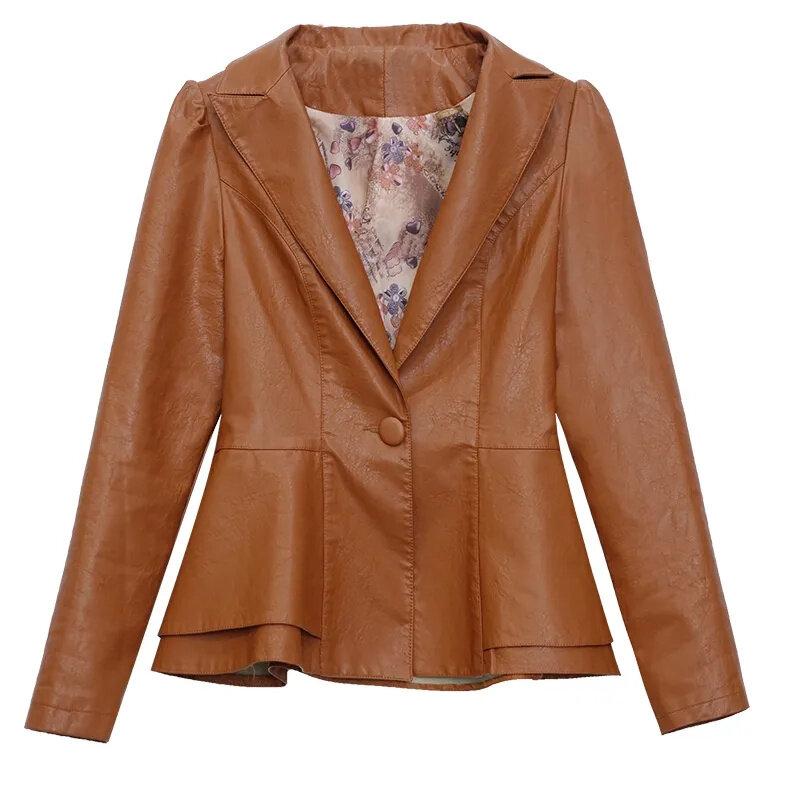 Jaqueta de couro PU feminina com um botão, jaqueta de motocicleta, casaco de couro curto, blazer com gola, novo outono