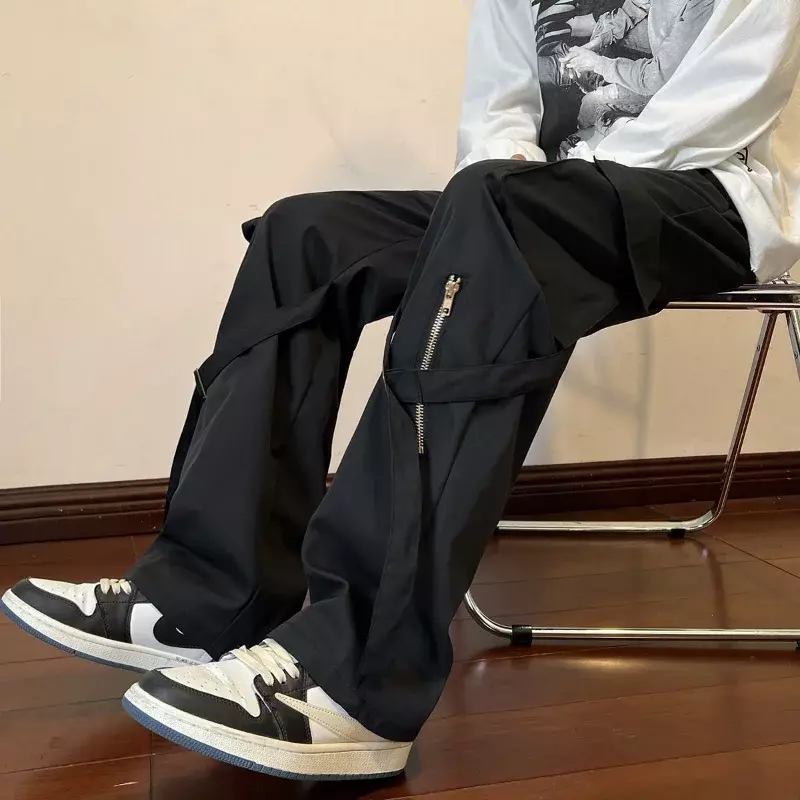 Spodnie męskie prosta szeroka Hip Hop Cargo dla mężczyzn ułożone estetyczne Harajuku Vintage luksusowy projektant mody nowy w Y2k Emo