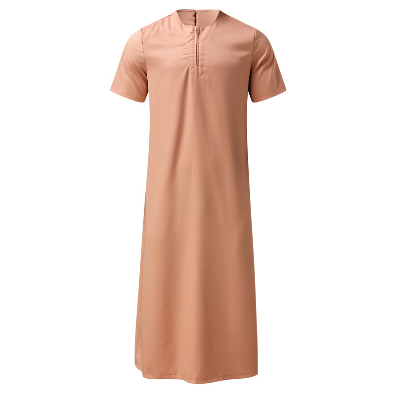 Мужской однотонный стиль, Мужская винтажная молния с коротким рукавом и круглым вырезом, ИД, мусульманская Арабская мусульманская одежда, кафтан Jalabiya Caftan