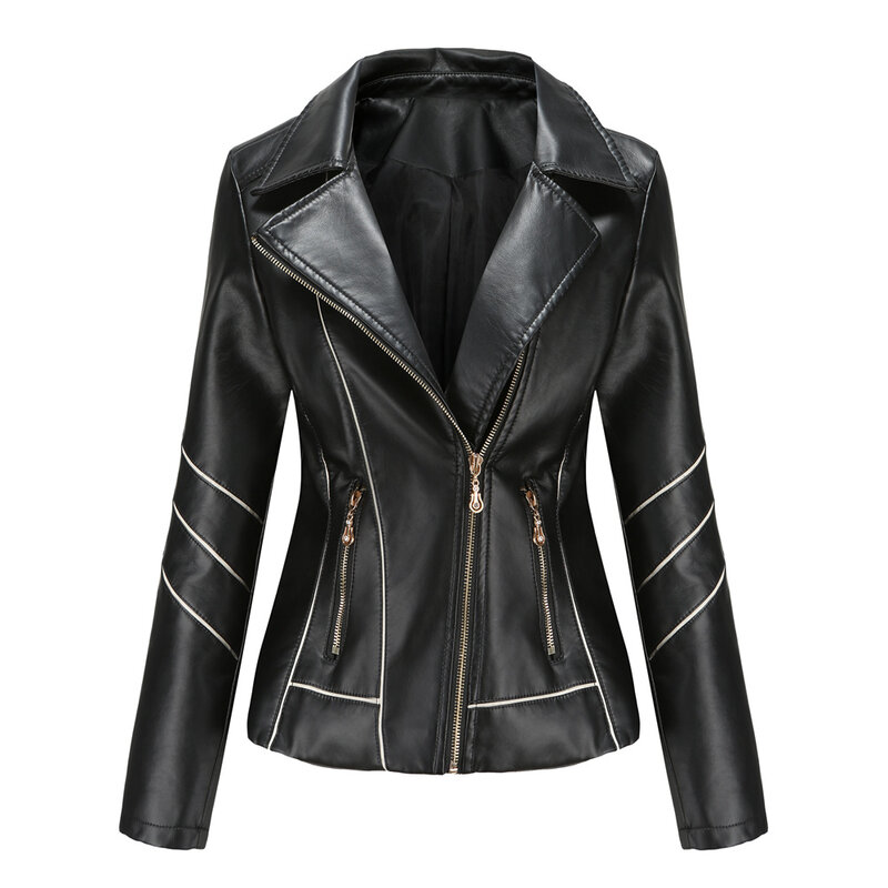 Bonita roupa pop europeia e americana de couro, casaco fino em PU feminino, jaqueta de motocicleta, primavera e outono