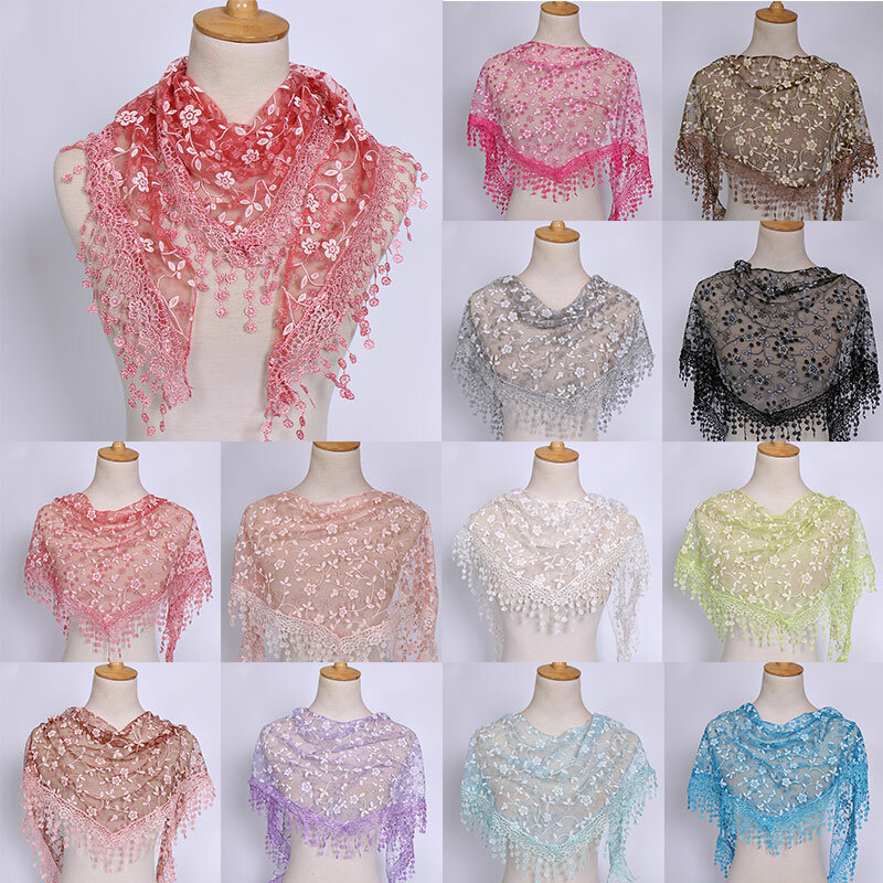 New Lace Embroidered Women Scarf Hollow Out Sheer Triangle Scarves Summer Sunscreen Turban Tassel Floral Shawl Casual Bandanas