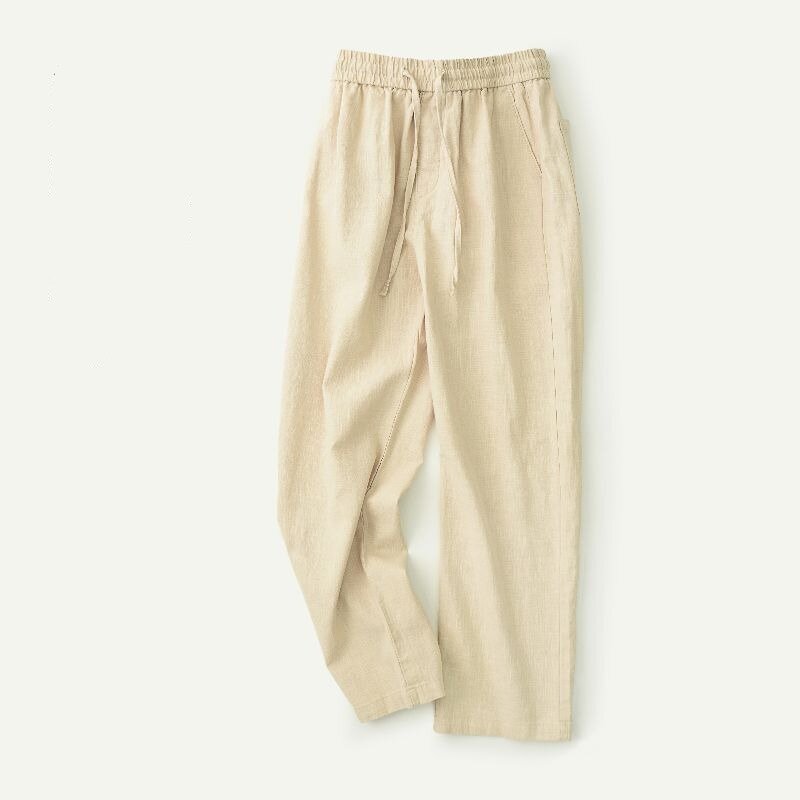Брюки мужские однотонные из фибры и льна, универсальные модные удобные прямые свободные штаны с поясом на резинке, весна-лето