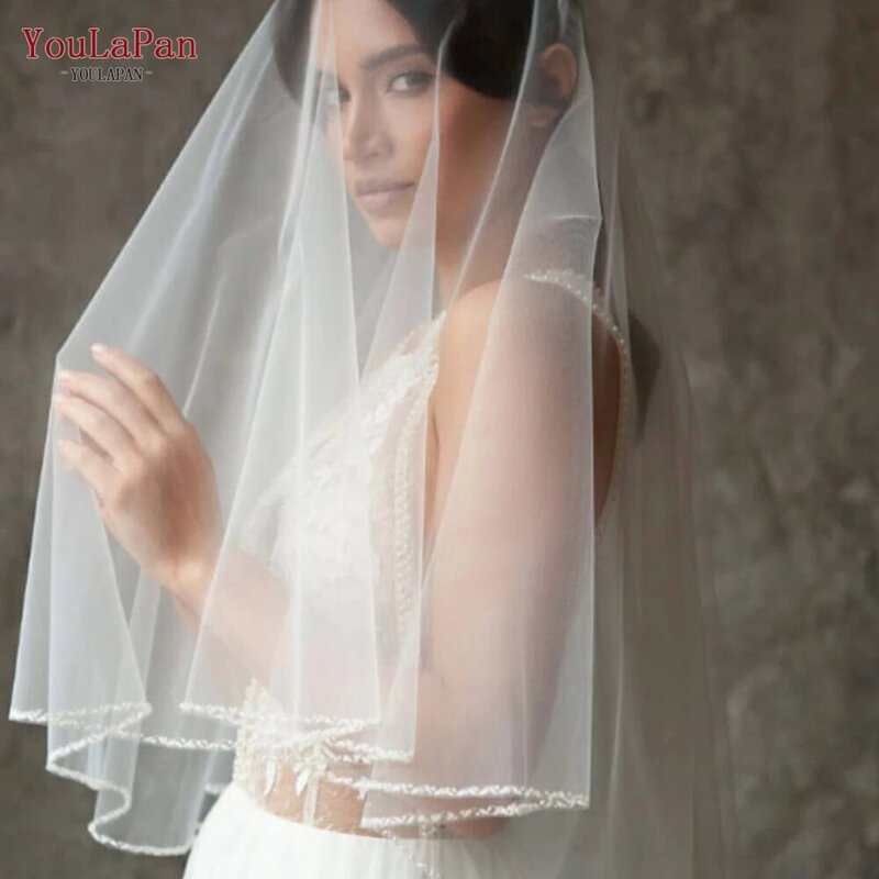 Youlapan V121 Beaded Crystal Edge Fingertip Length Wedding Veil 2 Layers Bridal Veils Cover Front and Back Royal Sequins Luxury