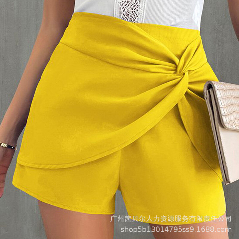 Celana pendek musim panas wanita, celana pendek longgar warna Solid kasual elastis pinggang tinggi lurus 2023