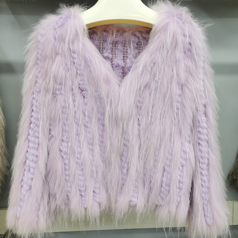 Новое двухстороннее плетеное меховое пальто из меха енота и кролика, женская модная короткая шуба из натурального меха на осень и зиму