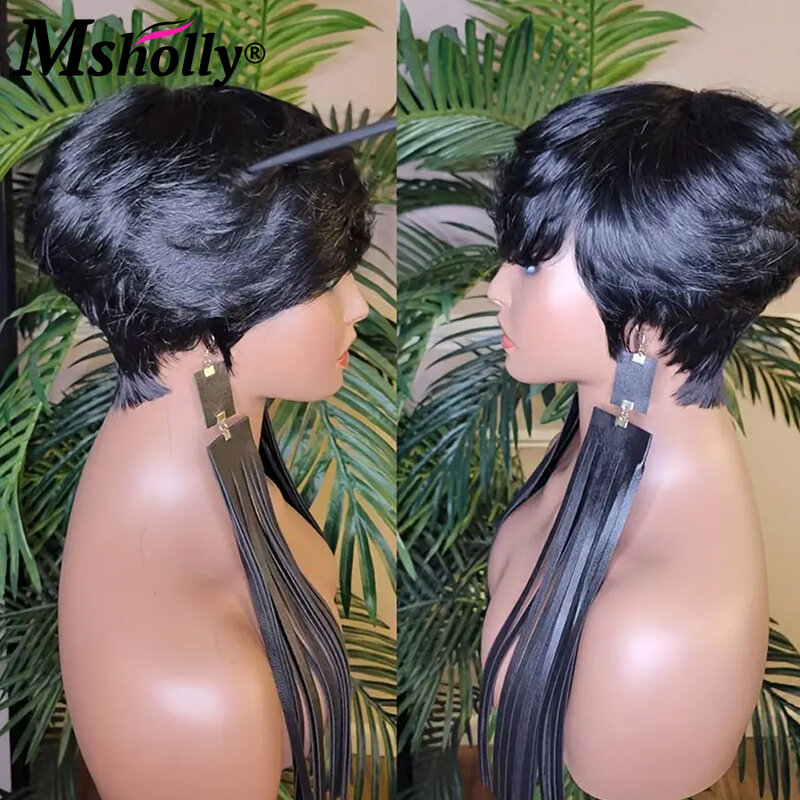 Short Pixie Cut Wigs Full Machine Made Wig With Bangs Straight Glueless Remy Human Hair For Women Water Wave Ready To Wear Wigs