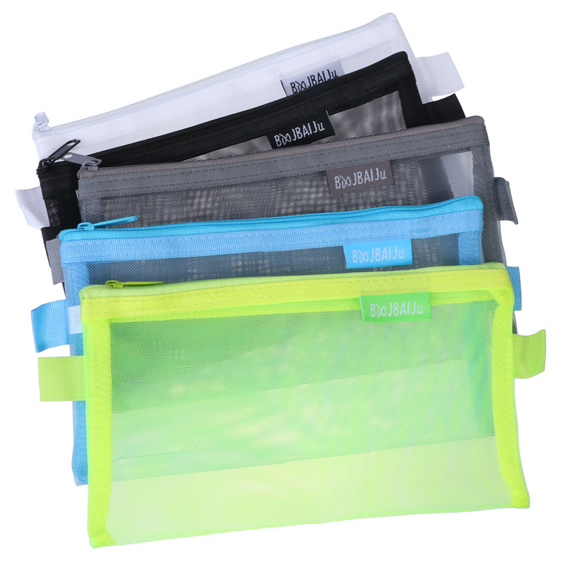 5Pcs Zipper File Bags Mesh Storage Case Portable Pencil Case Transparent Multipurpose File Pockets Student Stationery Holder