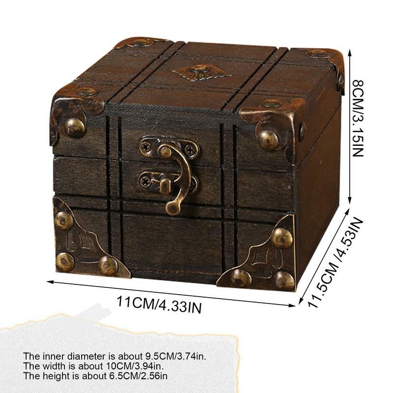 Mini caixa de armazenamento de madeira Vintage Treasure Lock Box Caixa de jóias retro Desktop Organizer para casa