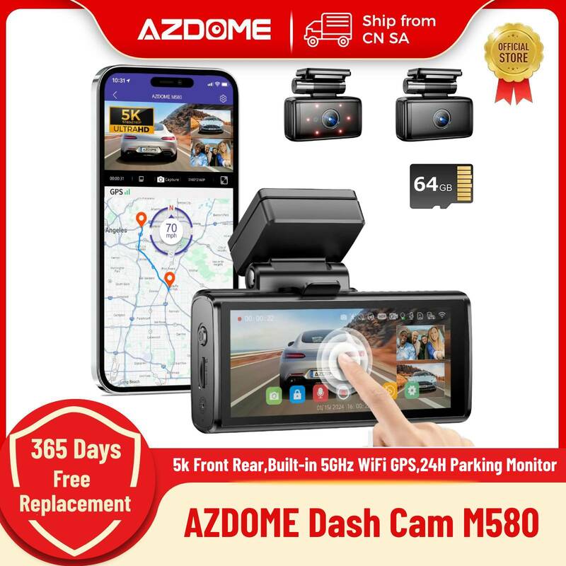 Azdome-M580 Dash Cam, Dianteiro e Traseiro, 5GHz, WiFi, GPS Embutido, 4 "Touch Screen, Monitor de Estacionamento 24H, WDR, Visão Noturna, Caixa Preta