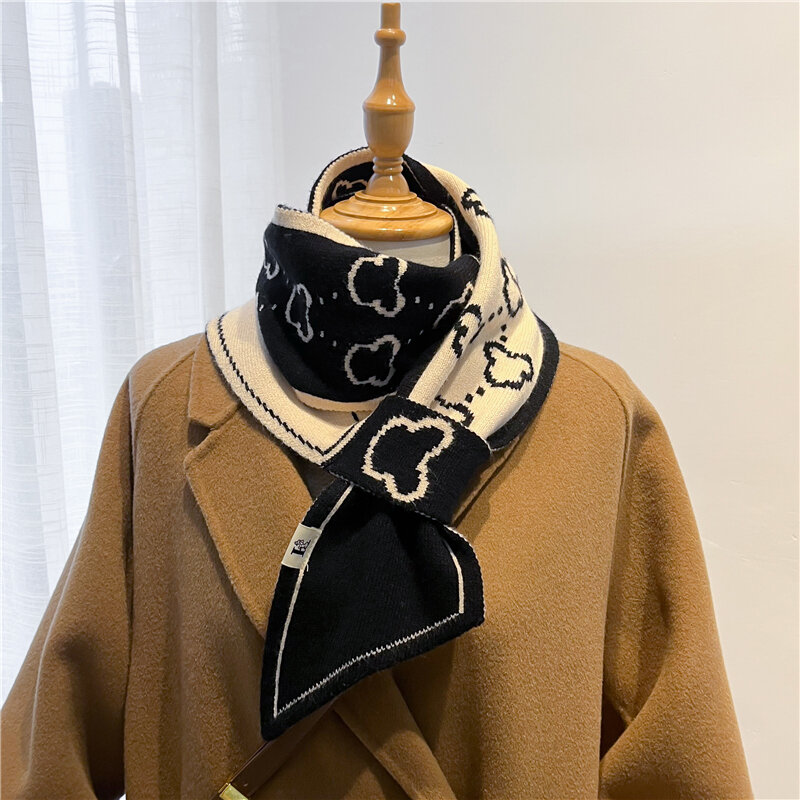 Зимний теплый облегающий вязаный женский шарф 2022, Модный мягкий шерстяной платок в клетку с изображением животного, женский платок