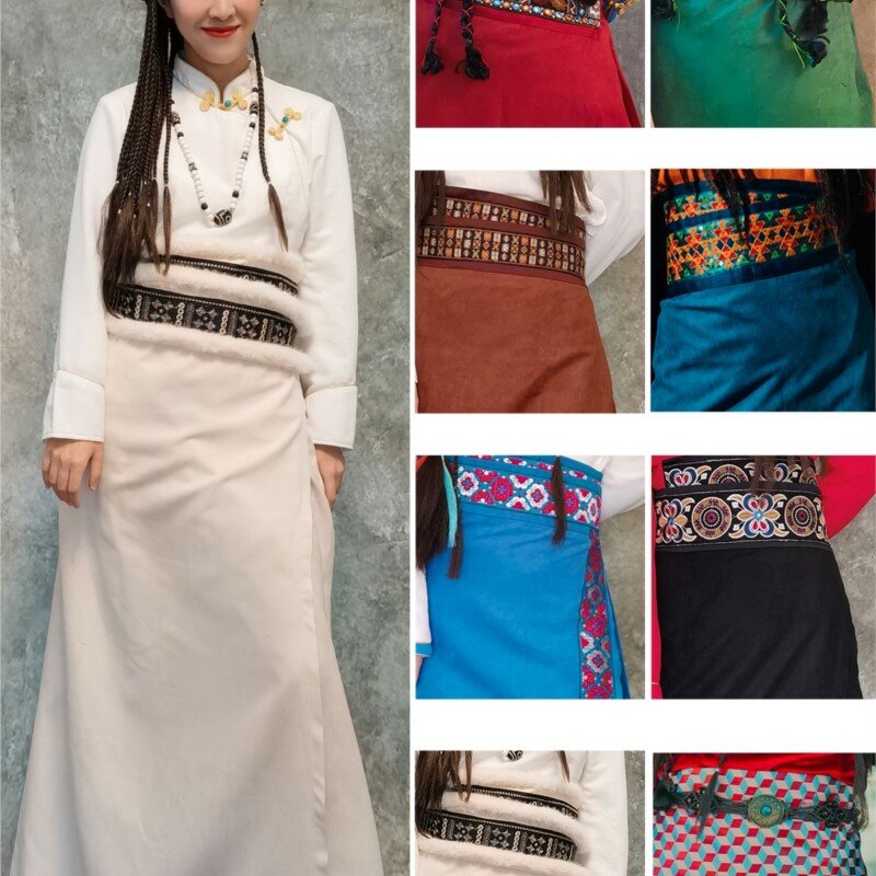 Vestido de una pieza Retro tibetano occidental para mujer, falda envolvente, azul oscuro, baile bordado