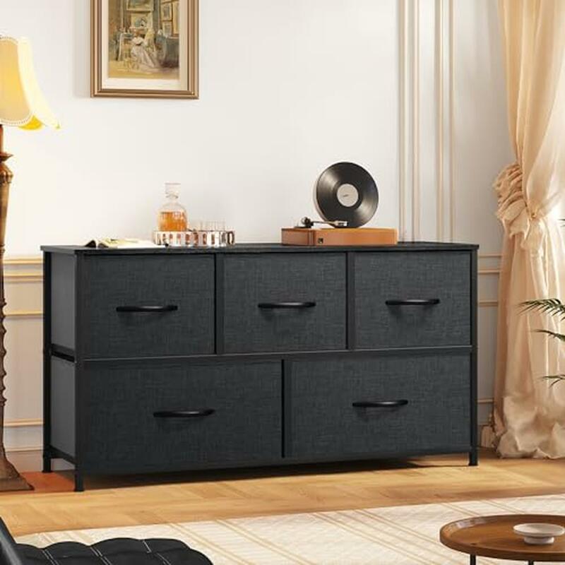 5-Drawer Black Fabric Dresser TV Stand Chest of Drawers Storage Organizer Iron Wood Metal 39.4" x 21.5