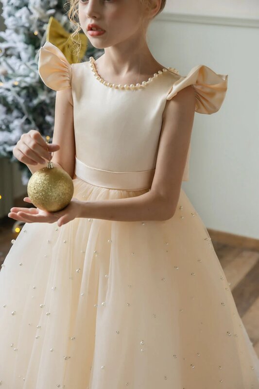 Champagne Flower Girl Dress For Wedding Pearls Puffy Tulle With Bow Puffy Ball Gown Kids Birthday First Communion Party Dress
