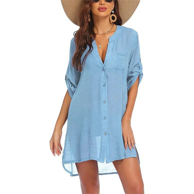 Camisa de playa con protección solar para mujer, cárdigan de empalme con botones, minivestidos para mujer, vestido para cubrir Bikini, ropa de playa informal para vacaciones de verano