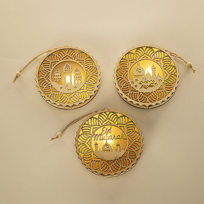 Lua de madeira artesanal e forma redonda LED Light, Eid Ramadan Night Light, Decoração para festas islâmicas, Ornamentos 3D, Presente
