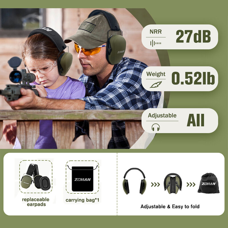 ZOHAN 사격용 안전 패시브 귀마개, 청력 보호, NRR 27dB 소음 감소, 방음 헤드셋