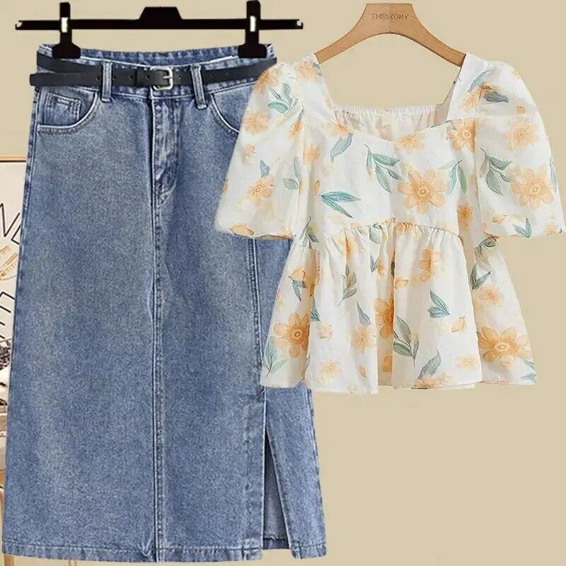 2024 New Summer Outfit Women's Short Sleeved Top, Women's Body Covering and Slimming Denim Skirt Two Piece Set for Woman