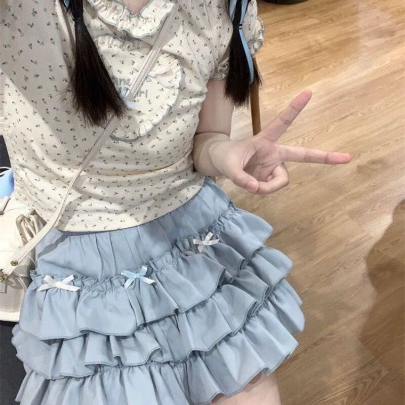 Deeptown Kawaii Lolita marszczona damska spódnica Cutecore słodka styl japoński krótka spódniczka warstwowa kokardka patchworkowa plisowana, krótka spódnica