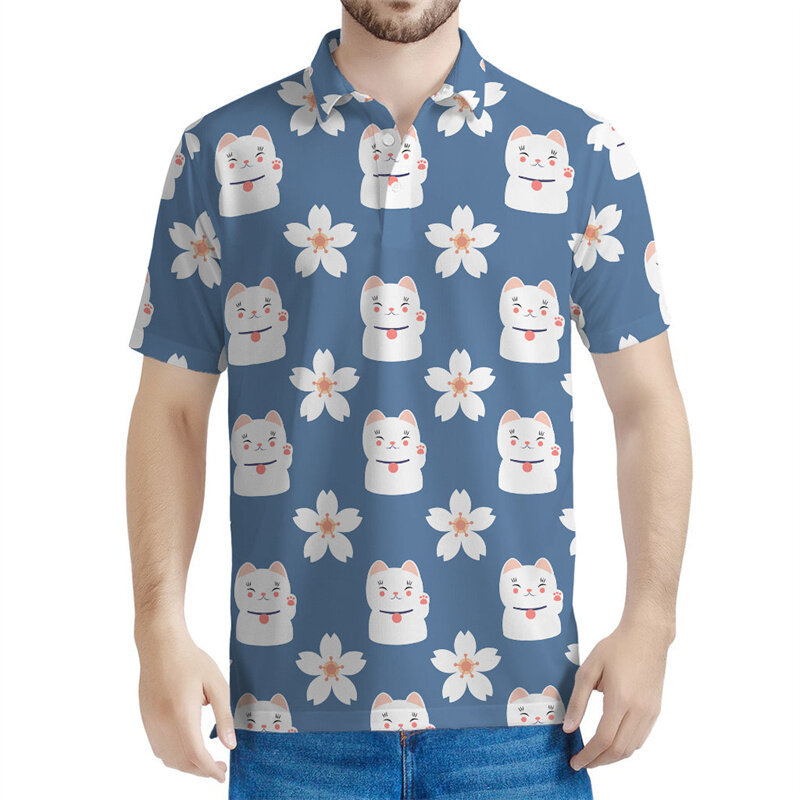 럭키 고양이 그래픽 폴로 셔츠, 3D 프린트 티셔츠, 여성 상의, 여름 스트리트 반팔, 캐주얼 루즈 티셔츠, 패션