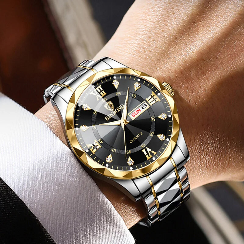 BINBOND jam tangan pria, jam tangan mewah tahan air kronograf bercahaya untuk Pria Stainless Steel kuarsa reloj hombre