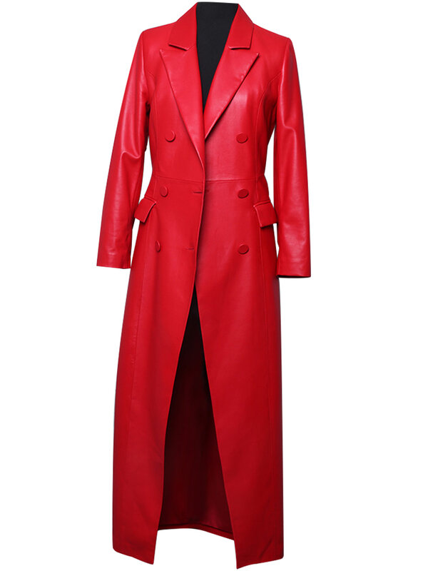 2024 Spring Autumn Extra Long Red Soft Faux Leather Trench Coat for Women Double Breasted Luxury Elegant British Fashion