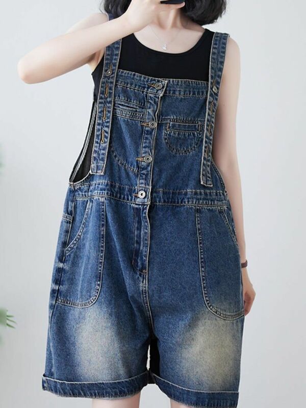 Overalls 2023 New Vintage Age Reducing Big Pocket Denim Strap Pants Women's Summer Loose Shorts Jeans