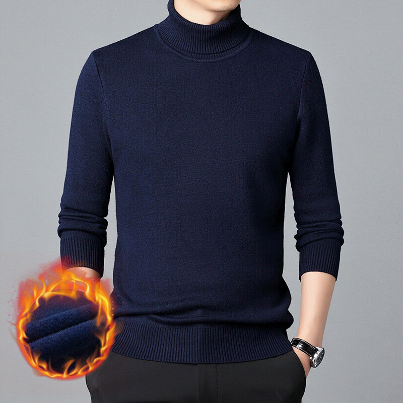 Men's Pure Color Thickened Warm Single-Layer Fleece-Lined Bottoming Shirt Autumn and Winter New High Neck Sweater