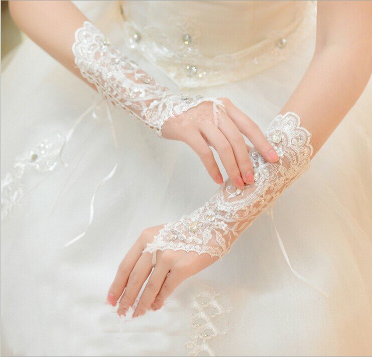 Weiße finger lose Strass spitze Braut hochzeits handschuhe Hochzeits zubehör