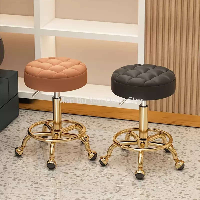 Sillas de peluquería cómodas, muebles de silla de belleza dorada, taburete de oficina, ruedas minimalistas, taburetes redondos giratorios de elevación